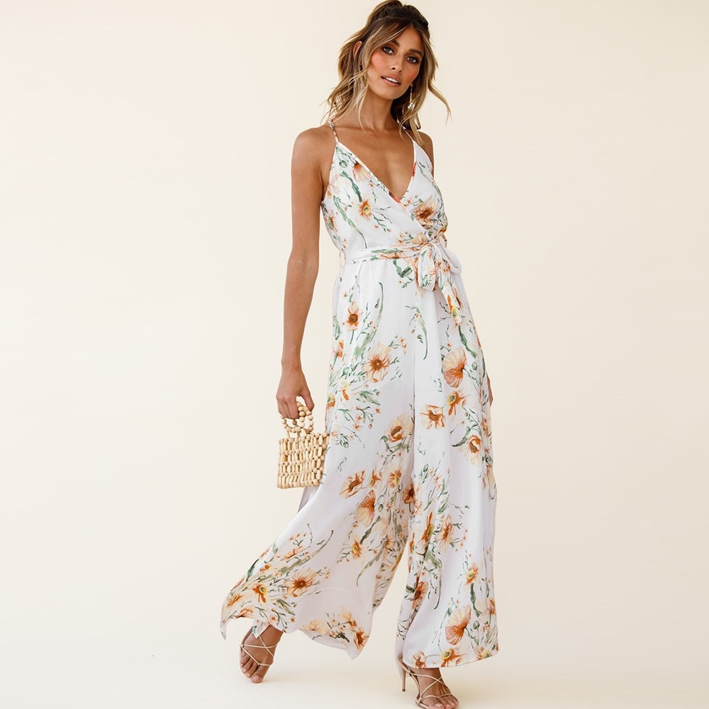 Floral Print Side Slit Jumpsuit White - Picture 2 of 6